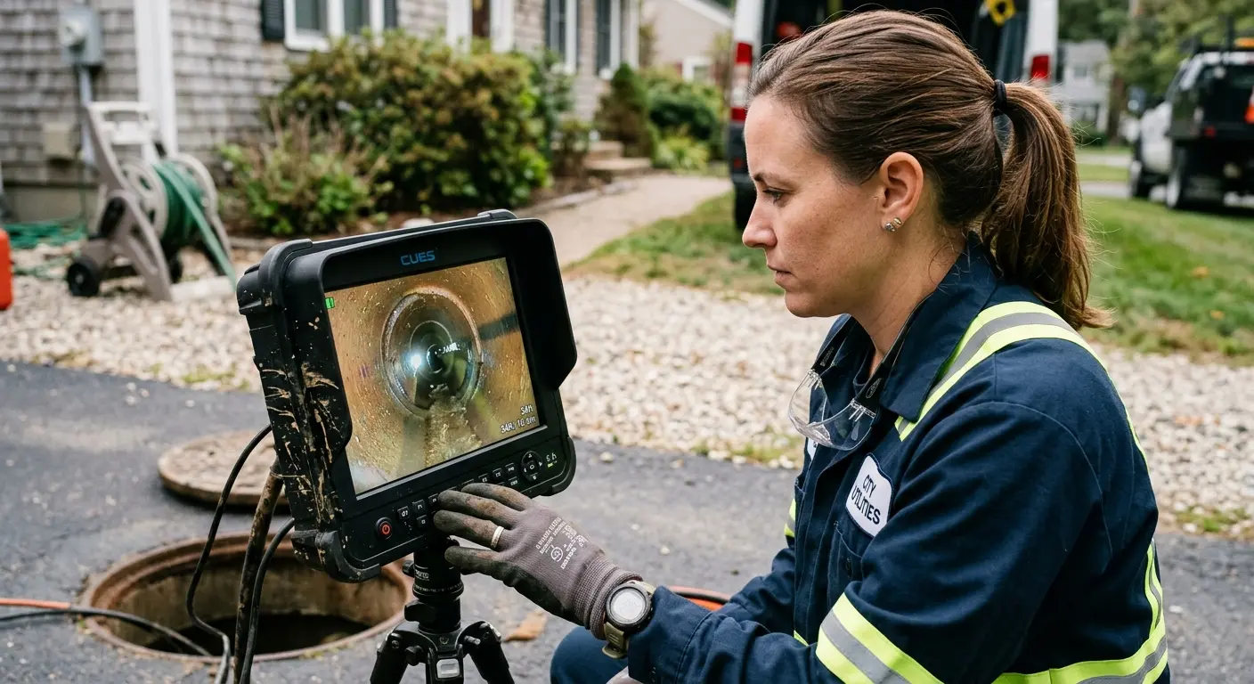 Technician reviewing sewer camera inspection footage in Manistee