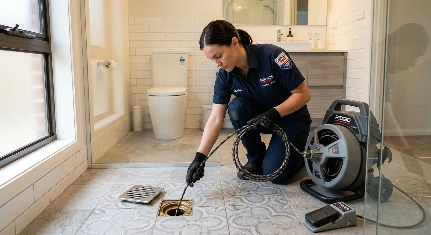 Technician clearing a bathroom floor drain for Drain Repair in Manistee